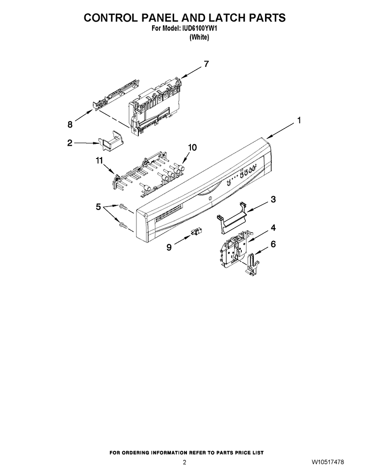 CONTROL PANEL AND LATCH PARTS Diagram and Parts List for IUD6100YW1  Whirlpool Dishwasher