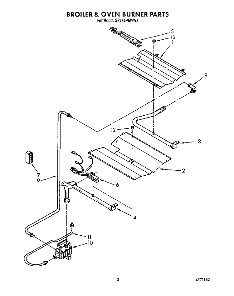 BROILER AND OVEN BURNER Diagram and Parts List for SF385PEWW3  Whirlpool Range