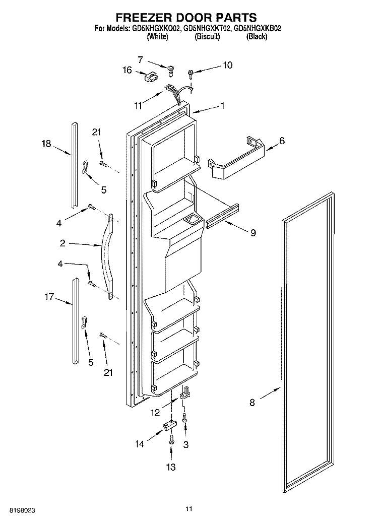 FREEZER DOOR Diagram and Parts List for GD5NHGXKT02  Whirlpool Refrigerator