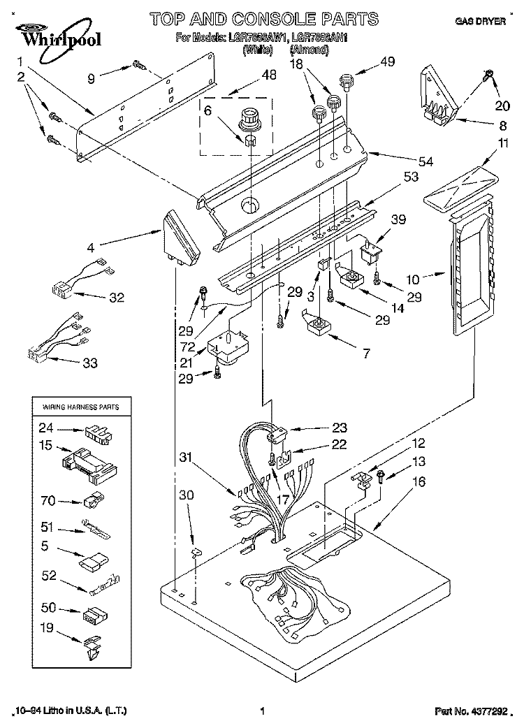 TOP AND CONSOLE, LIT/OPTIONAL Diagram and Parts List for LGR7858AW1  Whirlpool Dryer