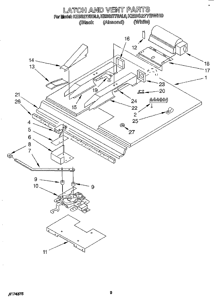 LATCH AND VENT Diagram and Parts List for KEBS277BBL0  KitchenAid Wall Oven