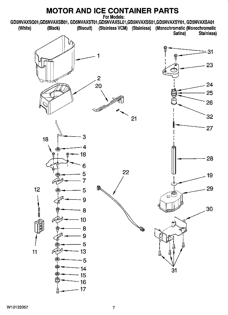 MOTOR AND ICE CONTAINER PARTS Diagram and Parts List for GD5NVAXSL01  Whirlpool Refrigerator