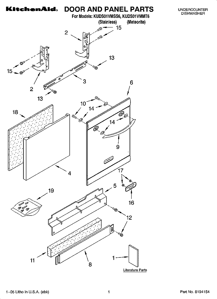 DOOR AND PANEL PARTS Diagram and Parts List for KUDS01VMMT6  KitchenAid Dishwasher