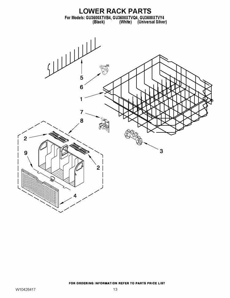 LOWER RACK PARTS Diagram and Parts List for GU3600XTVB4  Whirlpool Dishwasher