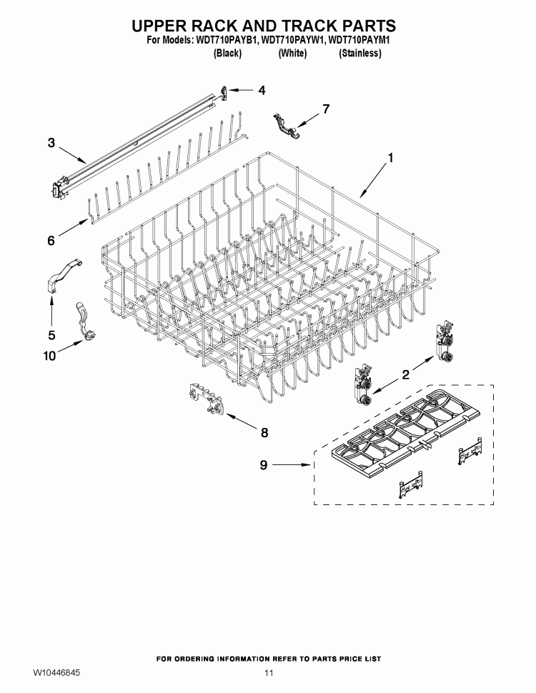 UPPER RACK AND TRACK PARTS Diagram and Parts List for WDT710PAYW1  Whirlpool Dishwasher