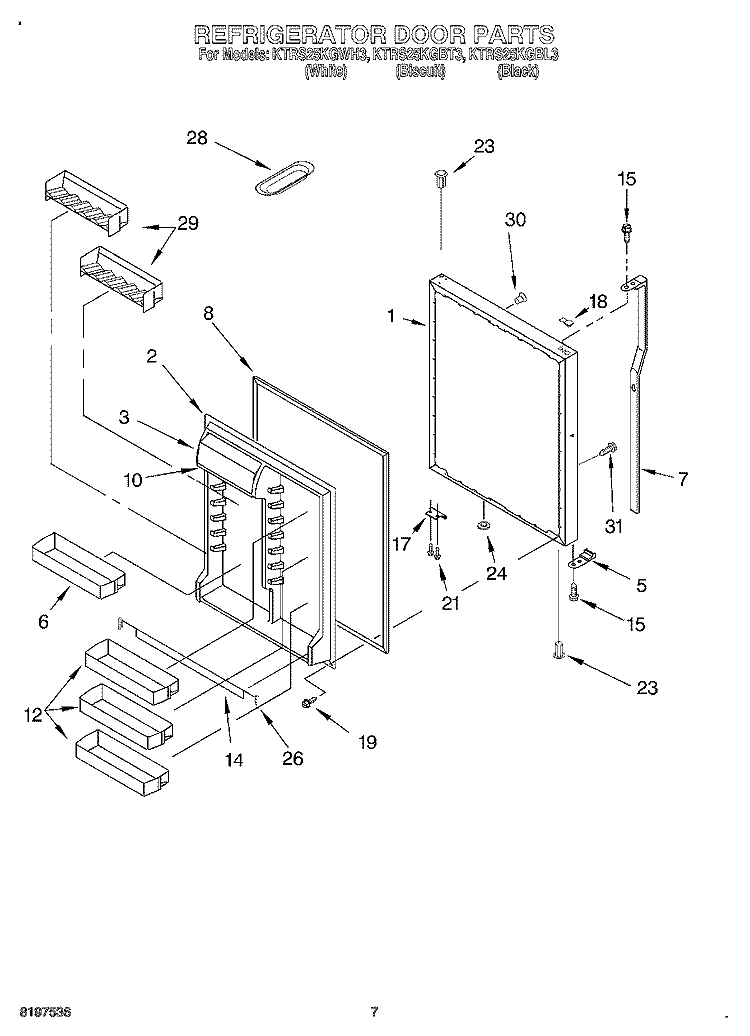 REFRIGERATOR DOOR Diagram and Parts List for KTRS25KGBL3  KitchenAid Refrigerator
