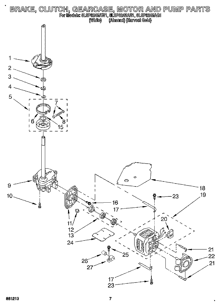 BRAKE, CLUTCH, GEARCASE, MOTOR & PUMP Diagram and Parts List for 8LSP8245AN1  Whirlpool Washer