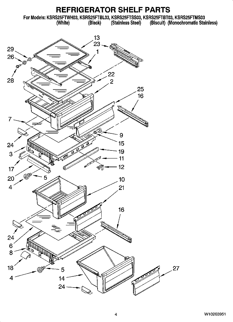 REFRIGERATOR SHELF PARTS Diagram and Parts List for KSRS25FTWH03  KitchenAid Refrigerator