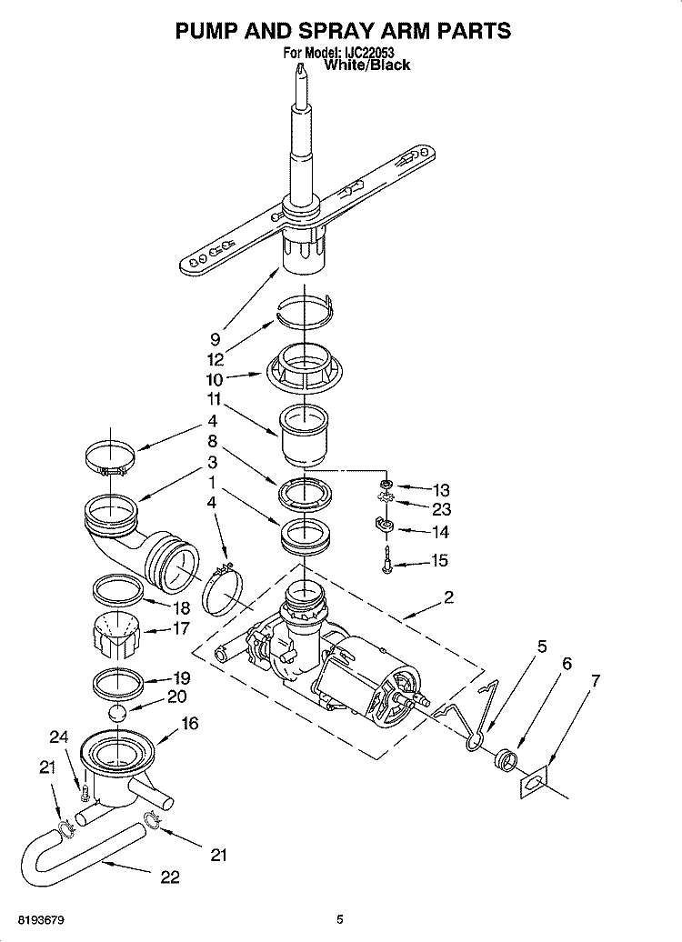 PUMP AND SPRAY ARM PARTS Diagram and Parts List for IJC22053  Inglis Dishwasher