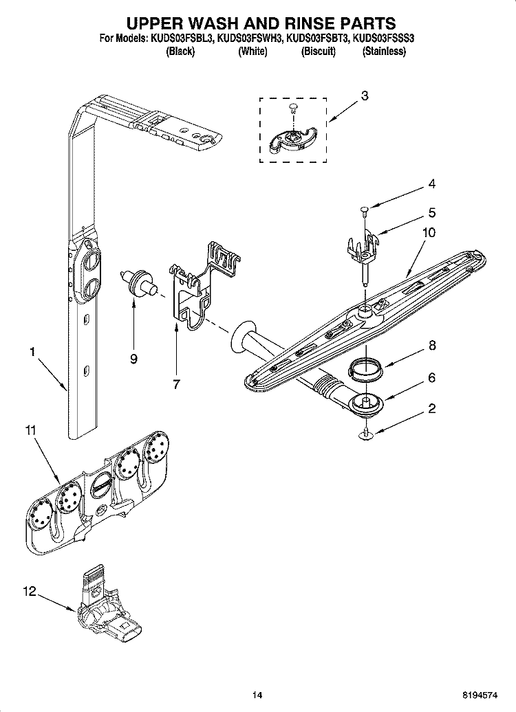 UPPER WASH AND RINSE PARTS Diagram and Parts List for KUDS03FSBL3  KitchenAid Dishwasher