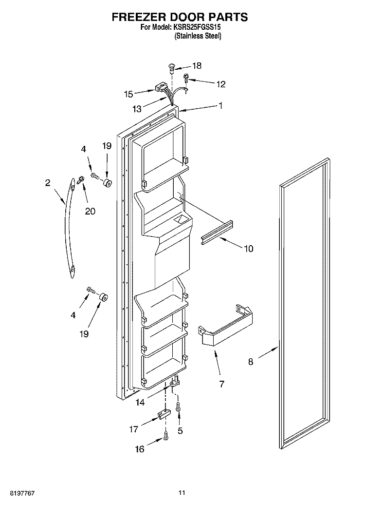 FREEZER DOOR Diagram and Parts List for KSRS25FGSS15  KitchenAid Refrigerator