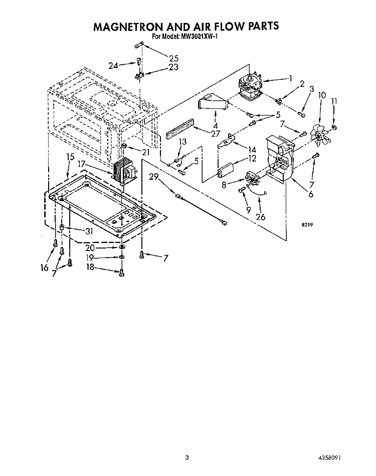 MAGNETRON AND AIR FLOW Diagram and Parts List for MW3601XW1  Whirlpool Microwave
