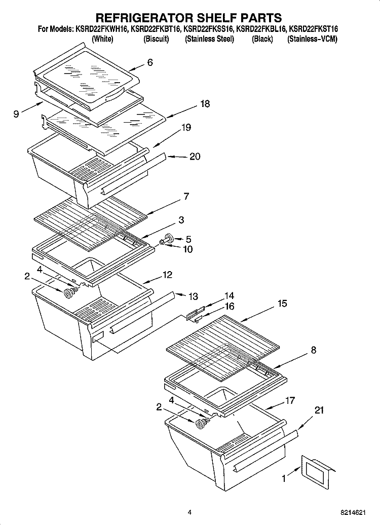 REFRIGERATOR SHELF PARTS Diagram and Parts List for KSRD22FKBL16  KitchenAid Refrigerator