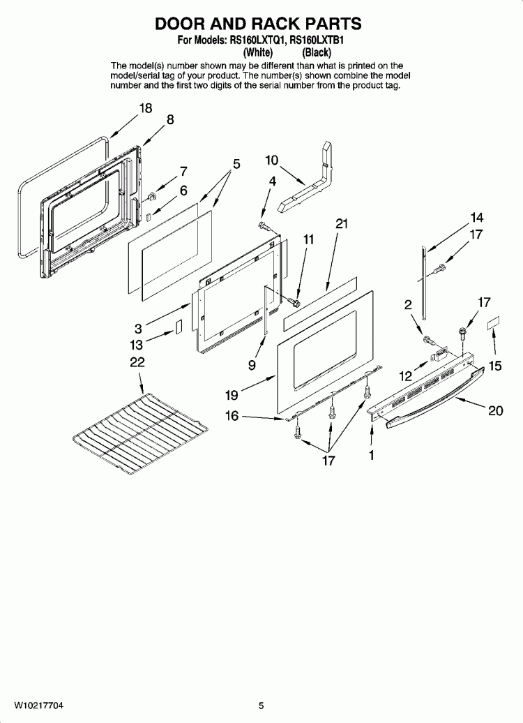 DOOR AND RACK PARTS, OPTIONAL PARTS (NOT INCLUDED) Diagram and Parts List for RS160LXTQ1  Whirlpool Range