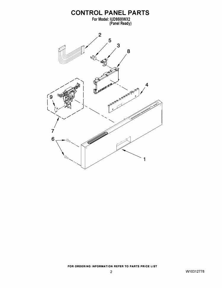 CONTROL PANEL PARTS Diagram and Parts List for IUD9500WX2  Whirlpool Dishwasher