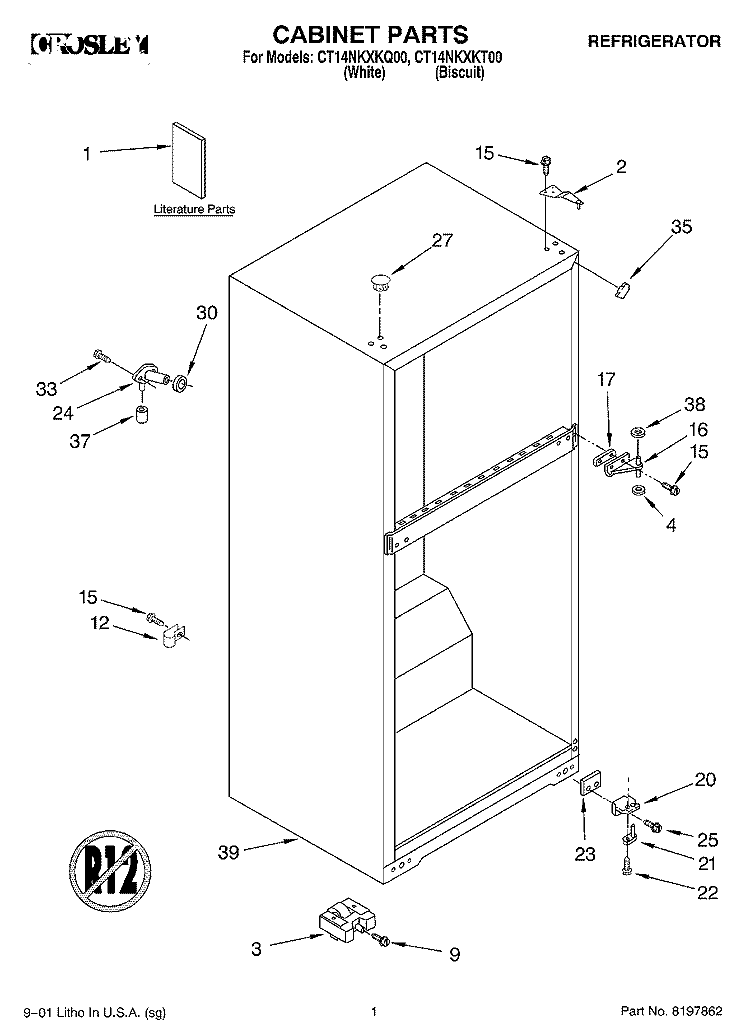CABINET, LITERATURE Diagram and Parts List for CT14NKXKQ00  Crosley Refrigerator
