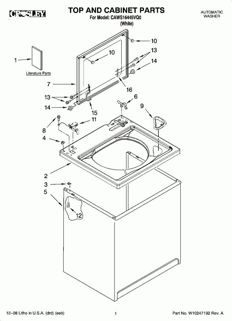 TOP AND CABINET PARTS Diagram and Parts List for CAWS16445VQ0  Crosley Washer