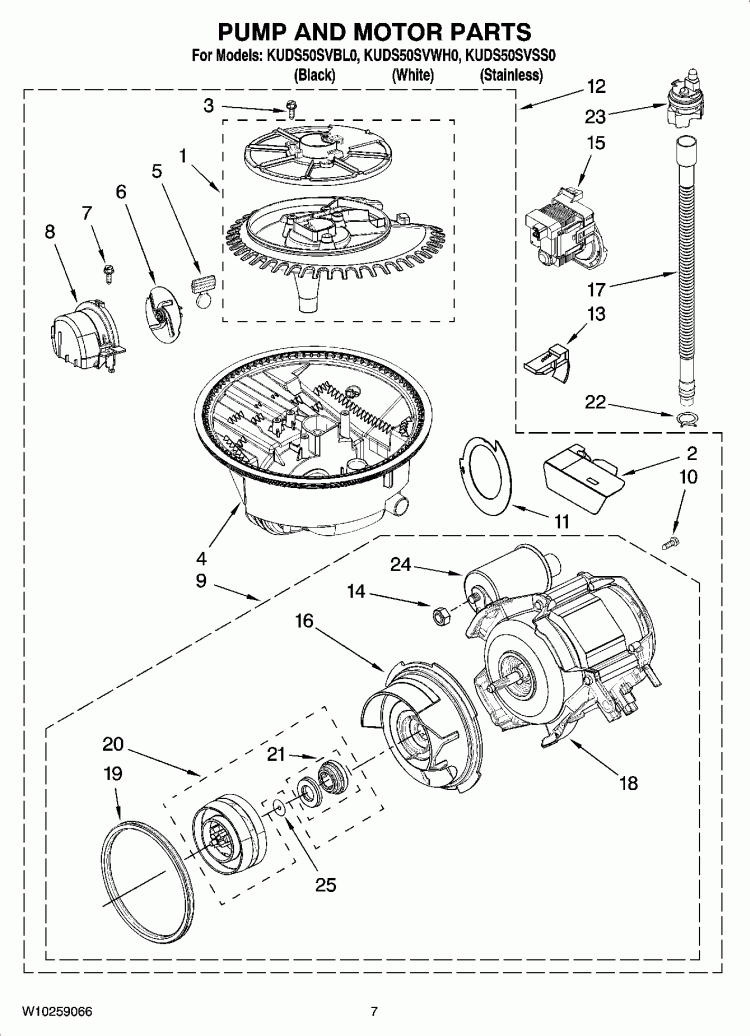 PUMP AND MOTOR PARTS Diagram and Parts List for KUDS50SVBL0  KitchenAid Dishwasher
