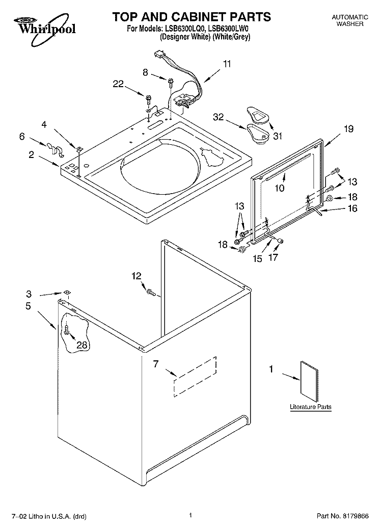 TOP AND CONSOLE, LITERATURE Diagram and Parts List for LSB6300LW0  Whirlpool Washer