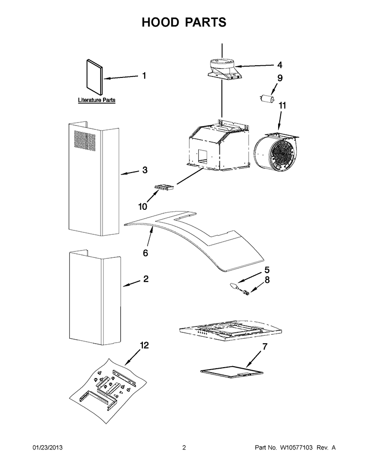 HOOD PARTS Diagram and Parts List for UXW6536BS0  Whirlpool Range Hood