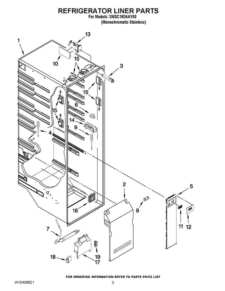 REFRIGERATOR LINER PARTS Diagram and Parts List for 3WSC19D4AY00  Whirlpool Refrigerator