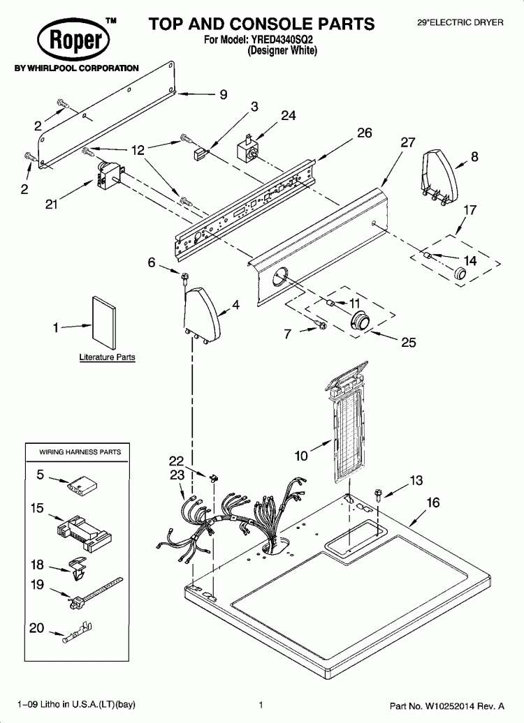 TOP AND CONSOLE PARTS Diagram and Parts List for YRED4340SQ2  Roper Dryer