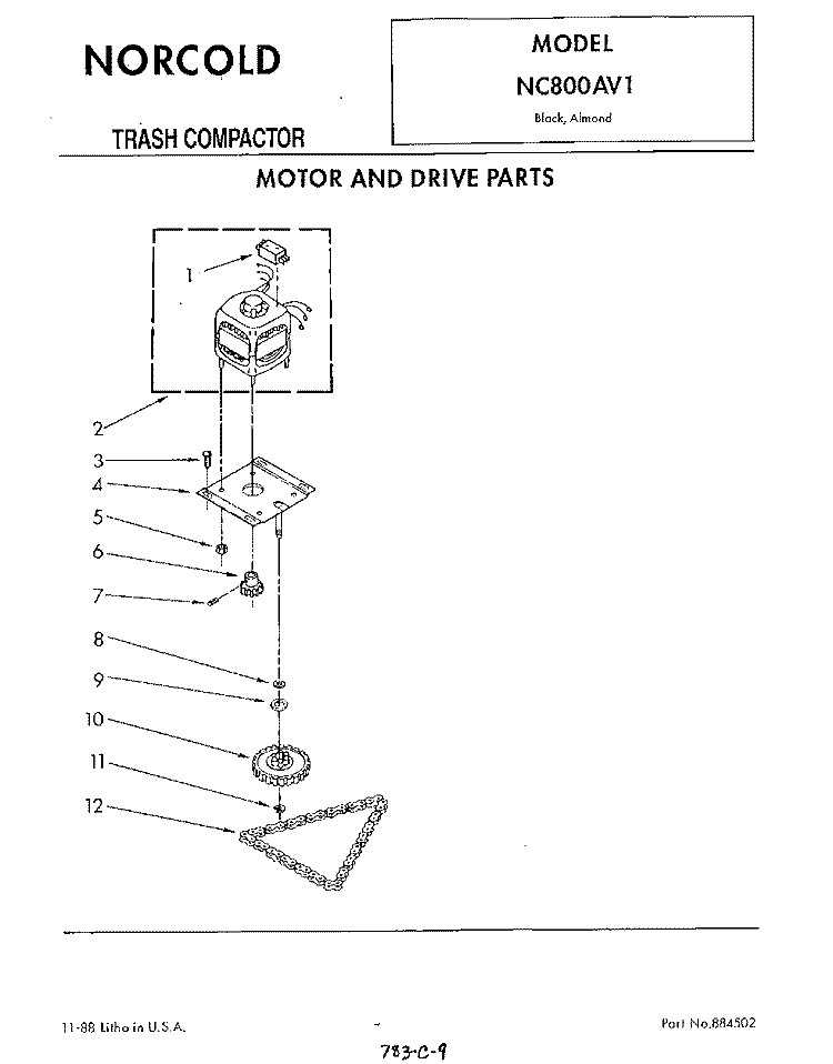 MOTOR AND DRIVE , LITERATURE Diagram and Parts List for NC800AV1  Whirlpool Trash Compactor