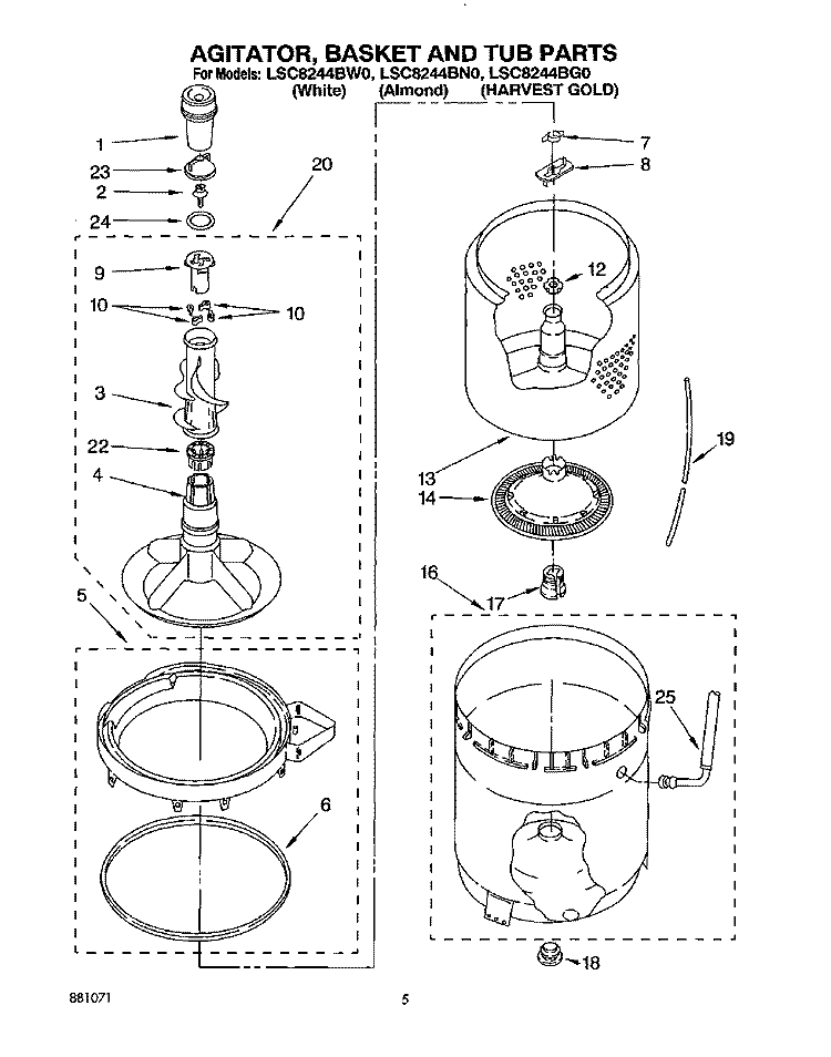 AGITATOR, BASKET AND TUB Diagram and Parts List for LSC8244BW0  Whirlpool Washer