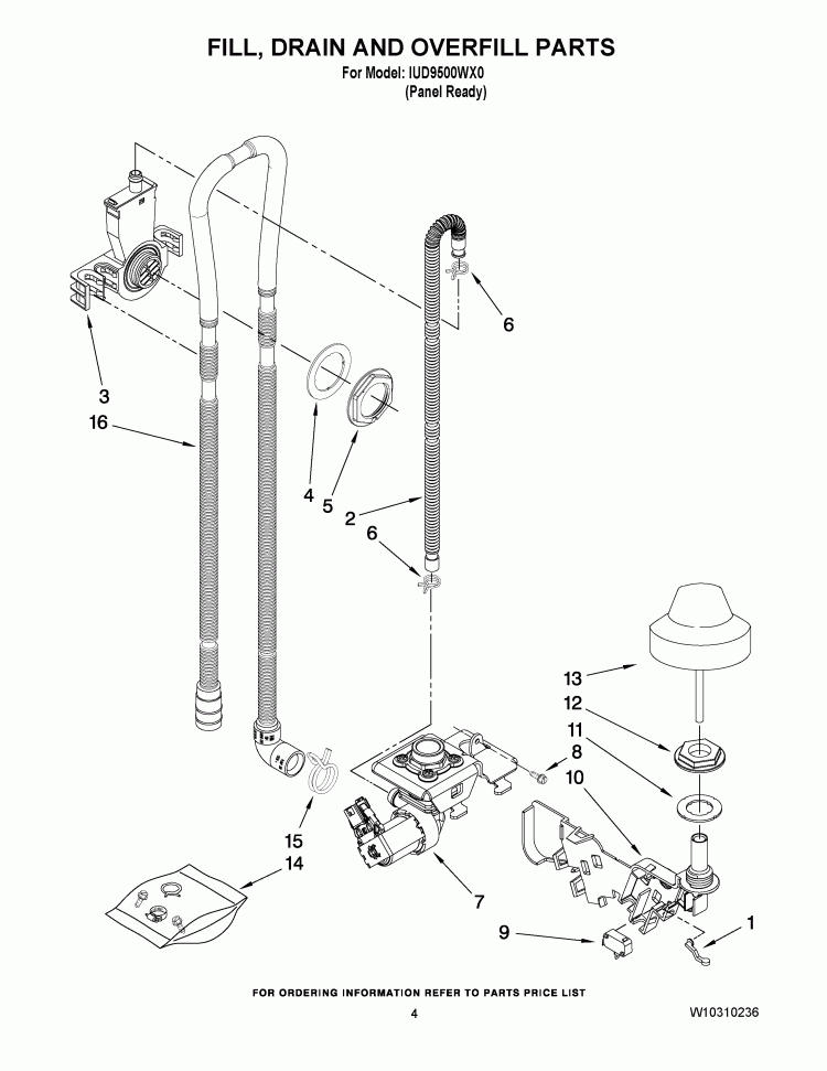 FILL DRAIN AND OVERFILL PARTS Diagram and Parts List for IUD9500WX0  Whirlpool Dishwasher