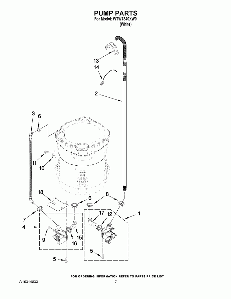 PUMP PARTS Diagram and Parts List for WTW7340XW0  Whirlpool Washer