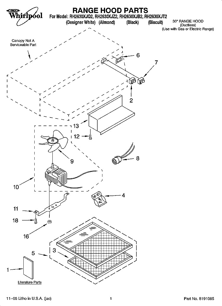 RANGE HOOD PARTS Diagram and Parts List for RH2630XJB2  Whirlpool Range Hood