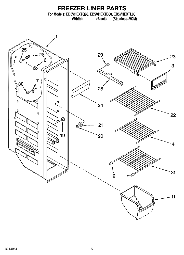 FREEZER LINER PARTS Diagram and Parts List for ED5VHEXTB00  Whirlpool Refrigerator