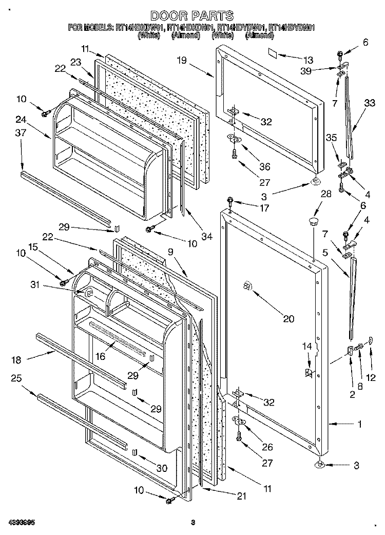 DOOR Diagram and Parts List for RT14HDYDW01  Roper Refrigerator