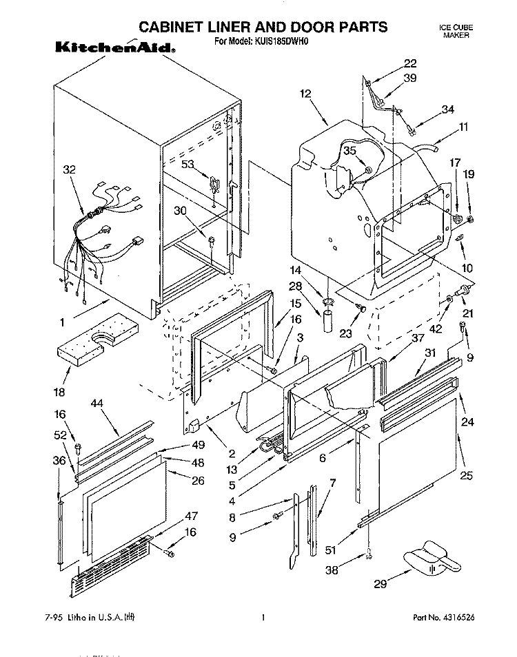 CABINET LINER AND DOOR, LITERATURE Diagram and Parts List for KUIS185DWH0  KitchenAid Ice Maker