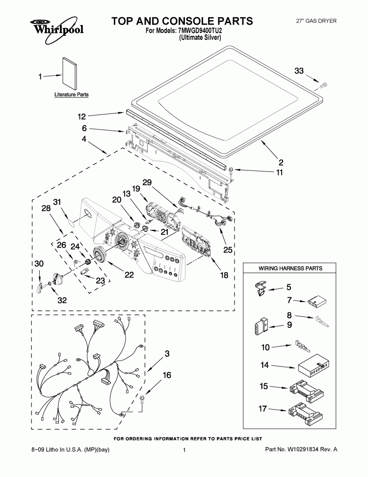 TOP AND CONSOLE PARTS Diagram and Parts List for 7MWGD9400TU2  Whirlpool Dryer
