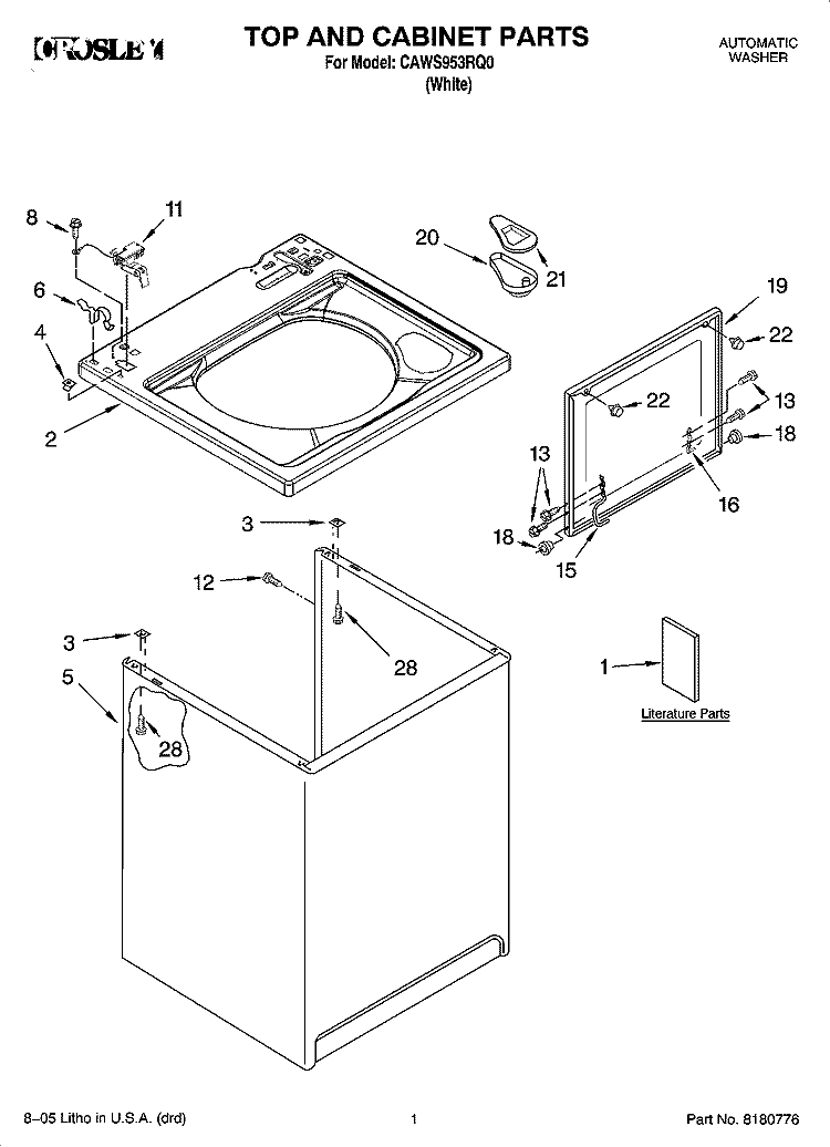 TOP AND CABINET PARTS Diagram and Parts List for CAWS953RQ0  Crosley Washer