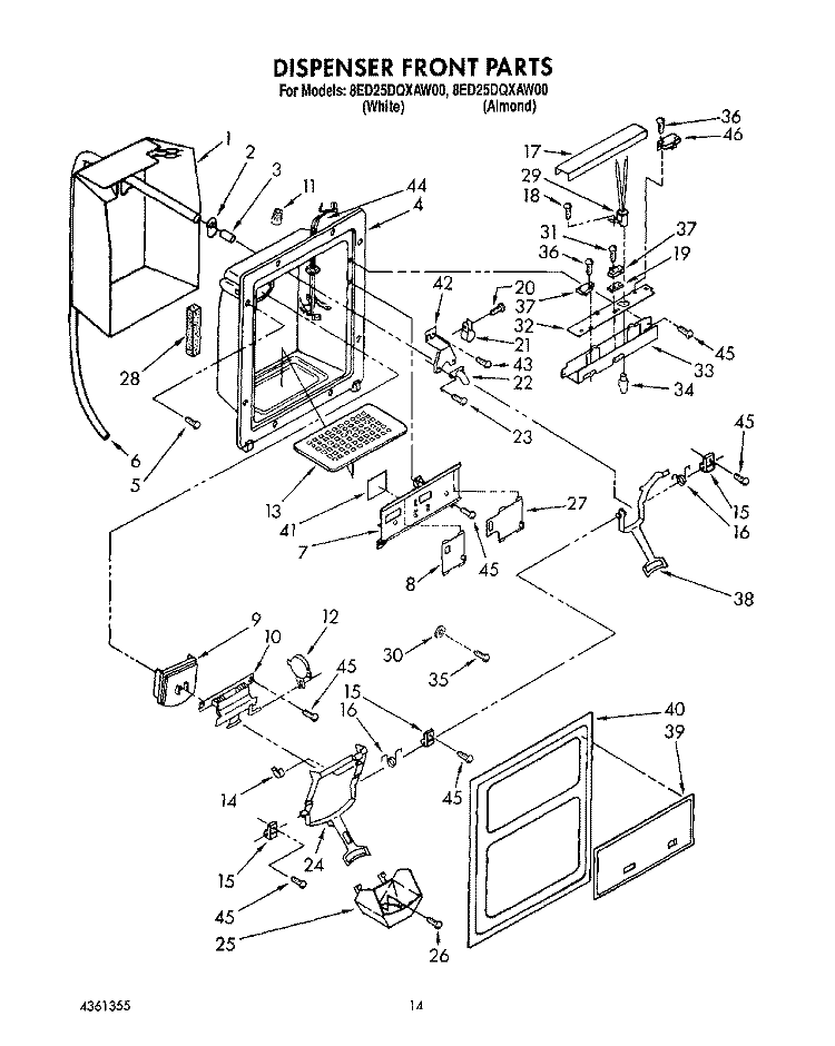 DISPENSER FRONT Diagram and Parts List for 8ED25DQXAN00  Whirlpool Refrigerator