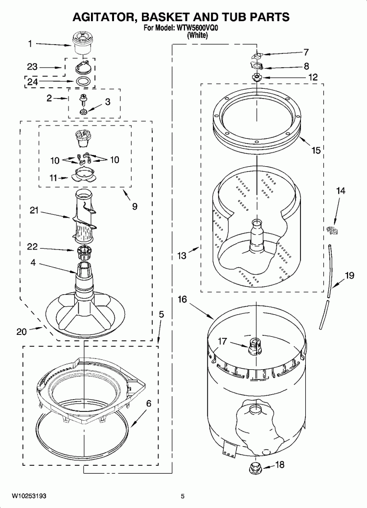 AGITATOR, BASKET AND TUB PARTS Diagram and Parts List for WTW5600VQ0  Whirlpool Washer