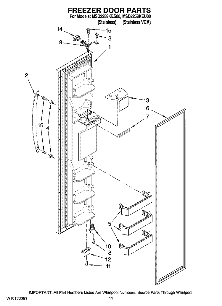 FREEZER DOOR PARTS Diagram and Parts List for MSD2258KEU00  Whirlpool Refrigerator