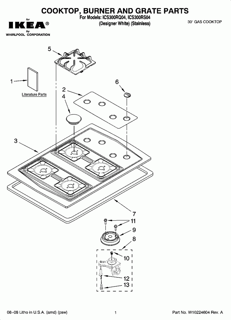COOKTOP, BURNER AND GRATE PARTS Diagram and Parts List for ICS300RS04  Whirlpool Cooktop