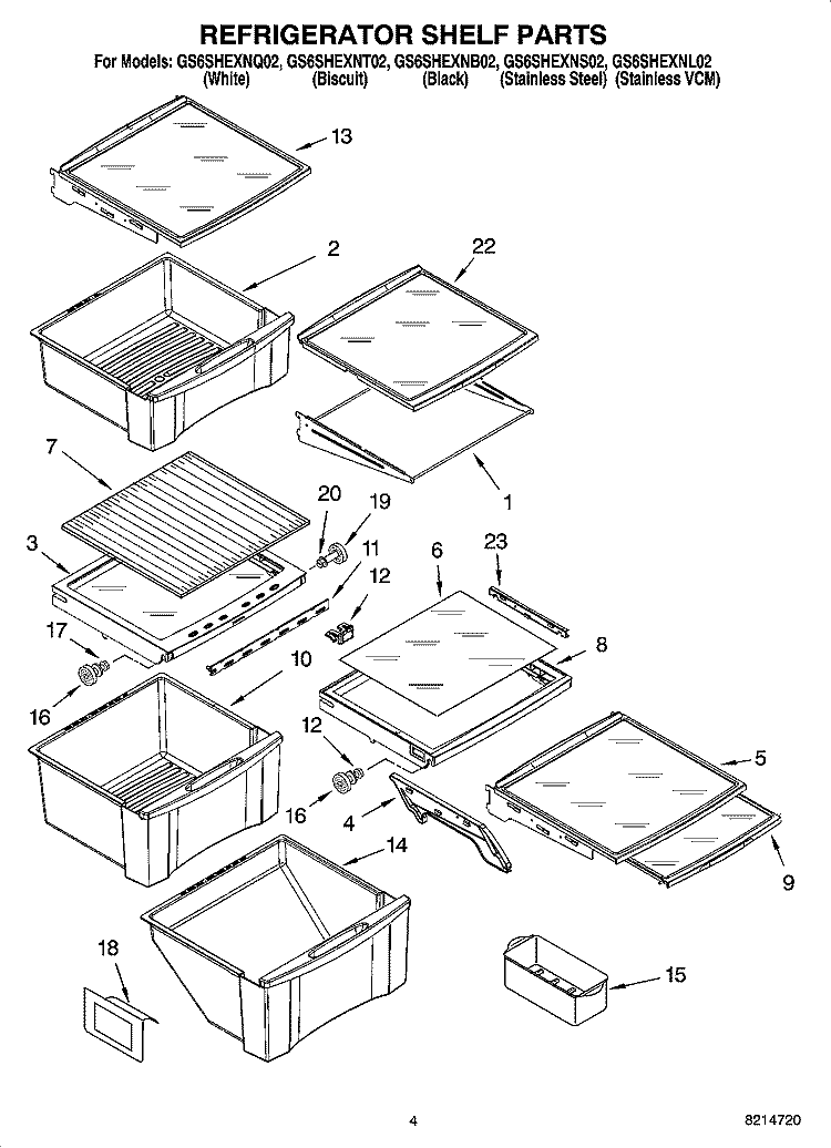 REFRIGERATOR SHELF PARTS Diagram and Parts List for GS6SHEXNQ02  Whirlpool Refrigerator