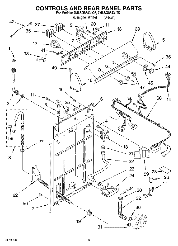 CONTROLS AND REAR PANEL PARTS Diagram and Parts List for 7MLSQ8543JT5  Whirlpool Washer