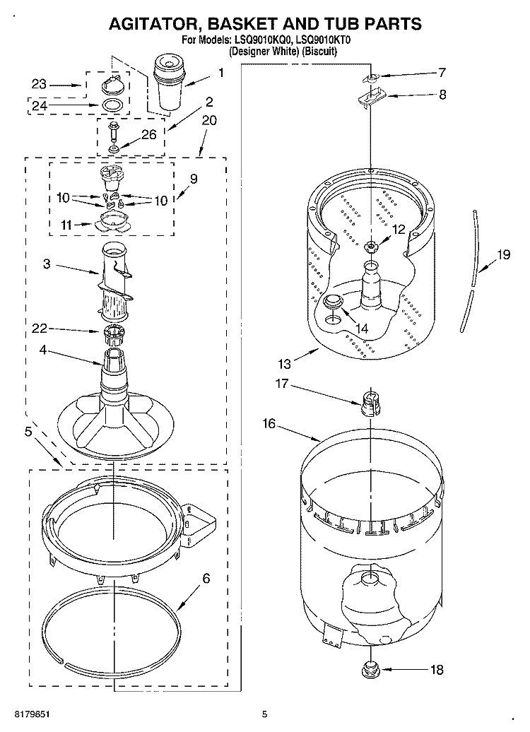 AGITATOR, BASKET AND TUB Diagram and Parts List for LSQ9010KQ0  Whirlpool Washer
