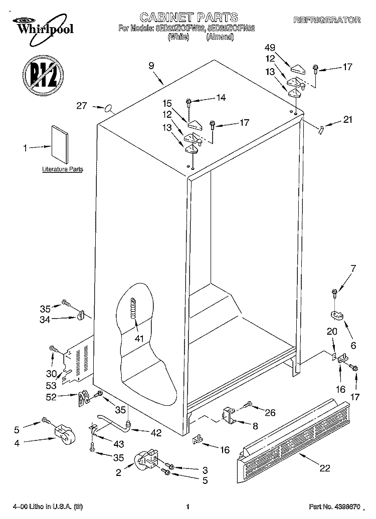 CABINET, LITERATURE Diagram and Parts List for 8ED20ZKXFW02  Whirlpool Refrigerator