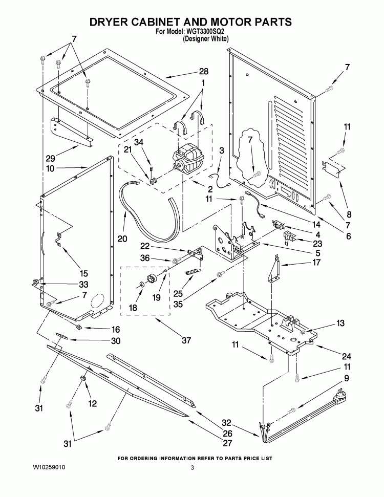 DRYER CABINET AND MOTOR PARTS Diagram and Parts List for WGT3300SQ2  Whirlpool Washer Dryer Combo