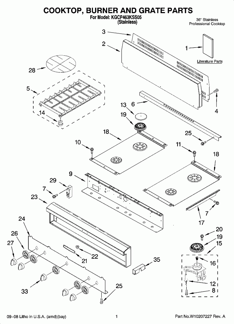 COOKTOP, BURNER AND GRATE PARTS Diagram and Parts List for KGCP463KSS05  KitchenAid Cooktop