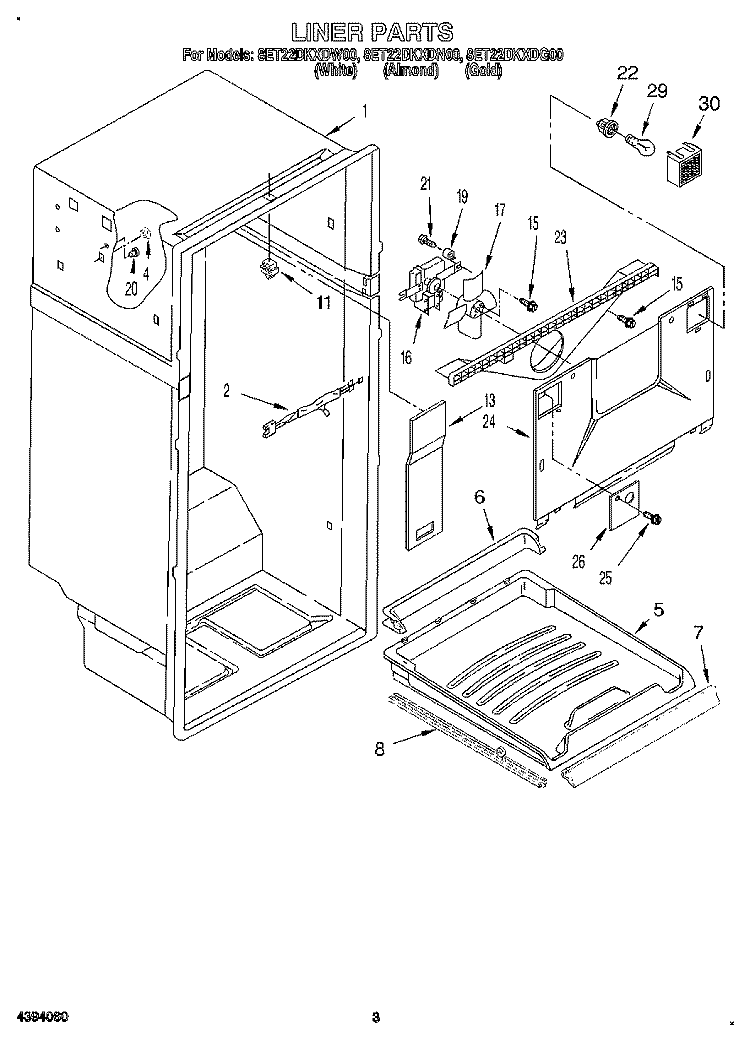 LINER Diagram and Parts List for 8ET22DKXDN00  Whirlpool Refrigerator