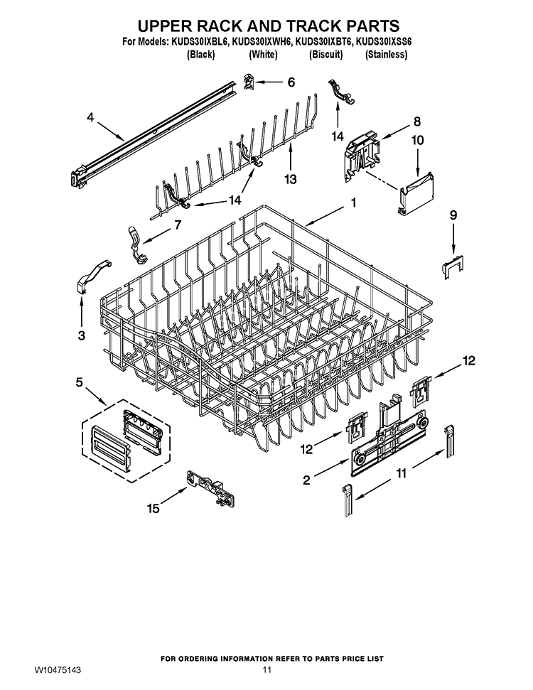 UPPER RACK AND TRACK PARTS Diagram and Parts List for KUDS30IXBT6  KitchenAid Dishwasher