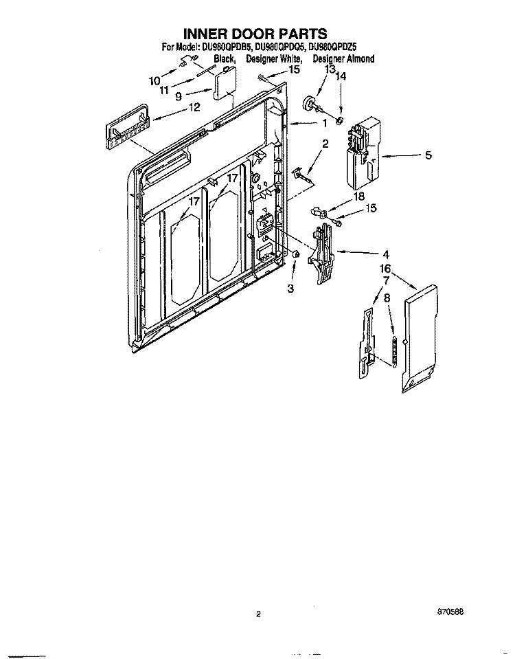 INNER DOOR Diagram and Parts List for DU980QPDB5  Whirlpool Dishwasher