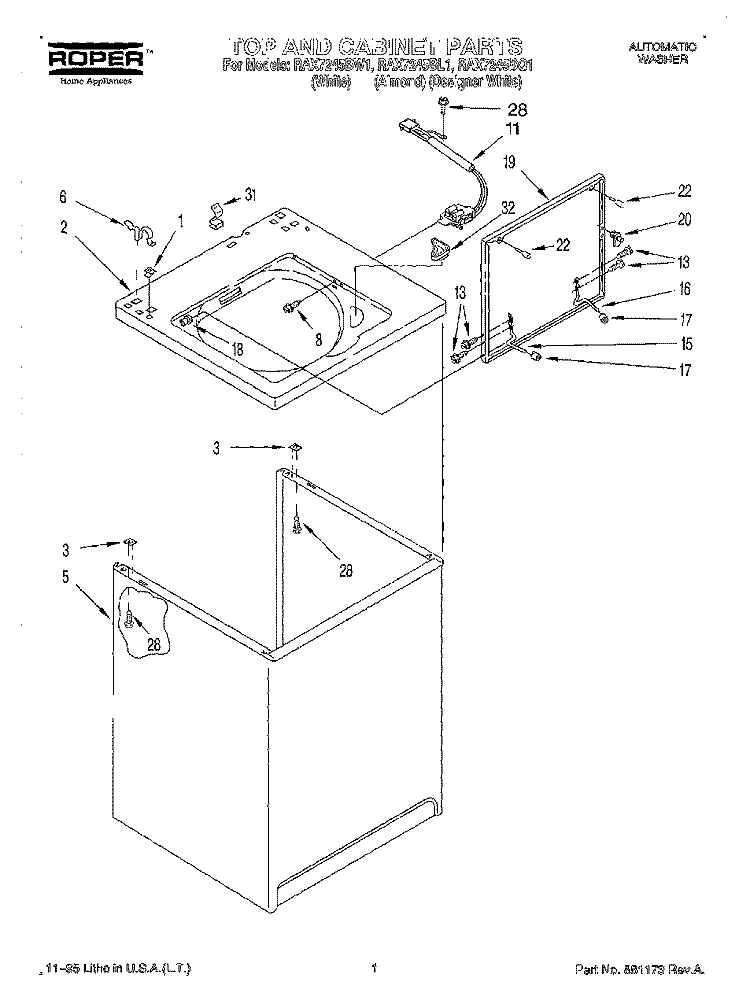 TOP AND CABINET Diagram and Parts List for RAX7245BL1  Roper Washer
